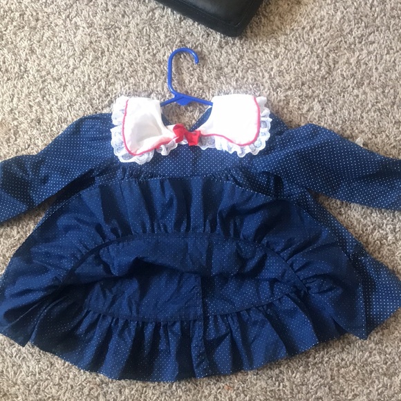 Vintage 80s 90s Girl Toddler Blue Polka Dot Ruffled Dress White Lace Collar &Bow - Picture 7 of 12